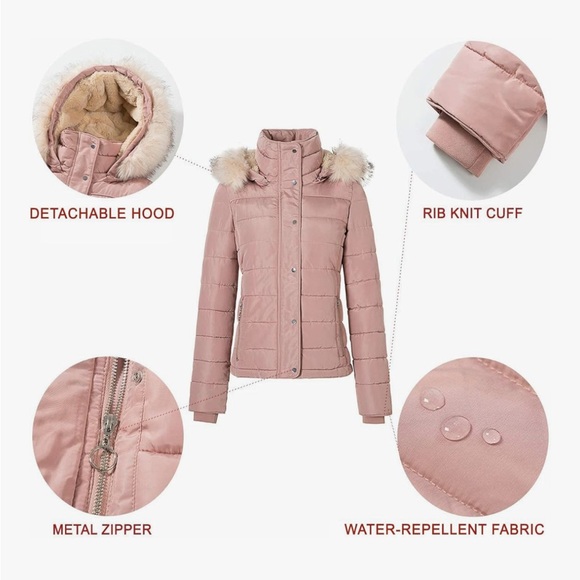 Women's Mauve Puffer Jacket with Faux Fur Trim - Picture 11 of 12